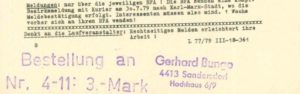 „STRASSENLAUF“ Ausgabe 04/1979 – Fußteil mit Bestellstempel und Adresse - Archiv: Prof. Frank Gottert