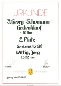 kalligrafisch liebevoll gestaltete Urkunde des Georg-Schumann-Gedenklaufes, Januar 1985; Archiv: Jörg Wittig