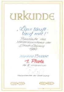 1980 – Urkunde 1. Platz der AK III männlich, der ersten Leipziger Pokallaufserie – Archiv: Manfred Busse
